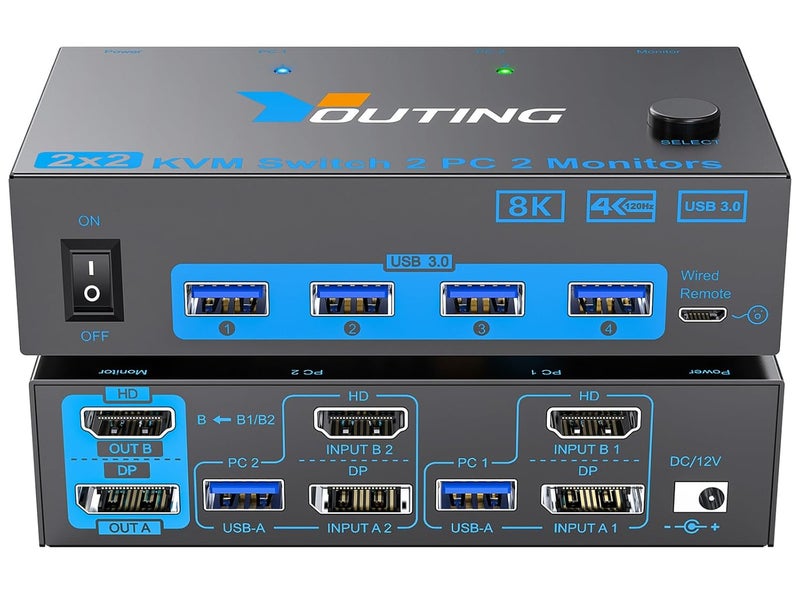 KCEVE 8K KVM Switch 2 Monitors 2 Computers HDMI DP, USB 3.0 KVM Switch Dual Monitor 4K@144Hz 8K@60Hz for 2 Computer Share Keyboard Mouse, with Power Adapter and Wired Remote - Image 1